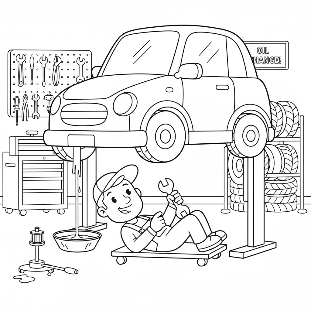 Automechaniker repariert unter dem Fahrzeug den Motor und wechselt das Motoröl. - Kostenloses druckbares Ausmalbild Automechaniker repariert unter dem Fahrzeug den Motor und wechselt das Motoröl. - Kostenloses druckbares Ausmalbild