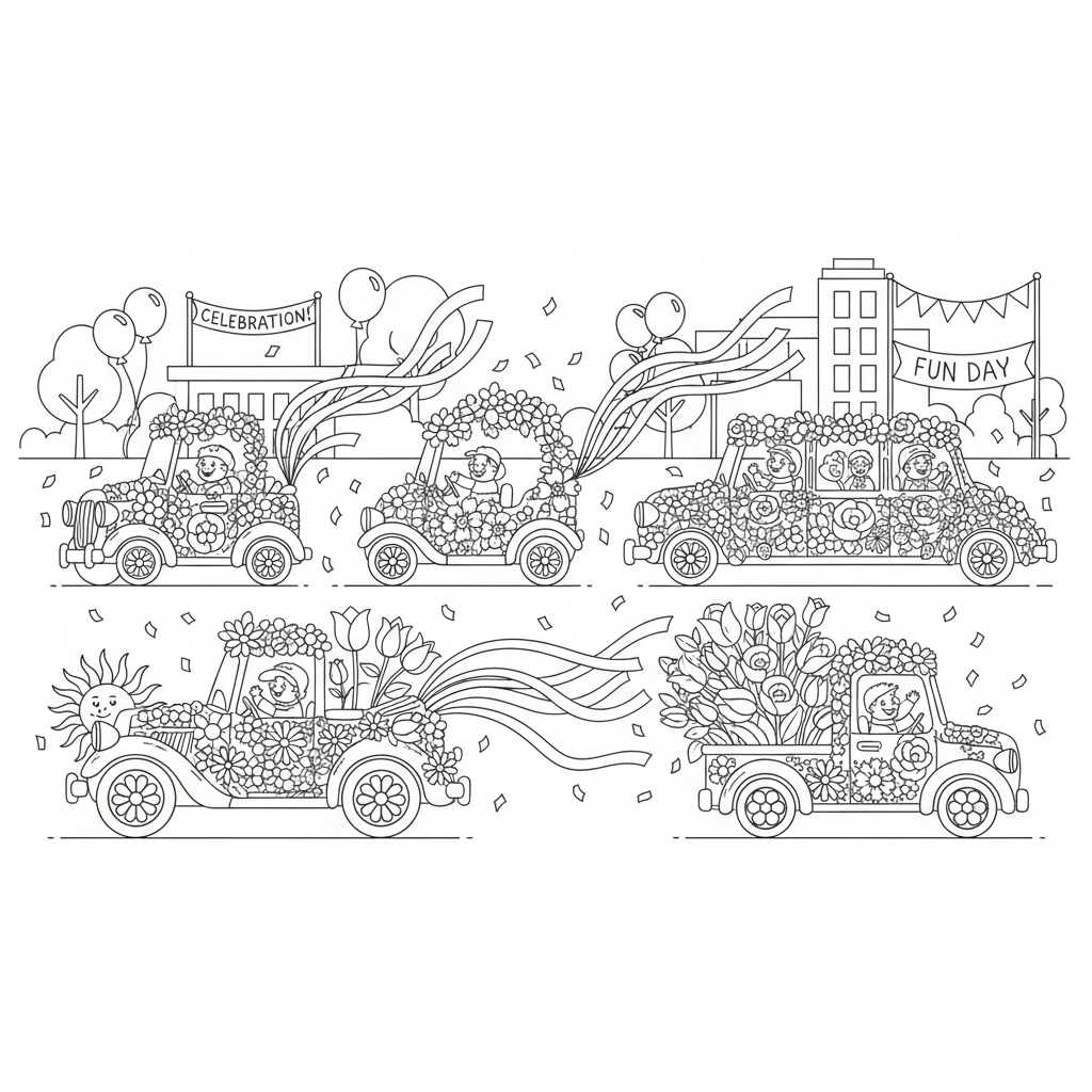 Car parade decorated with flowers and streamers festive - Free Printable Coloring Page
