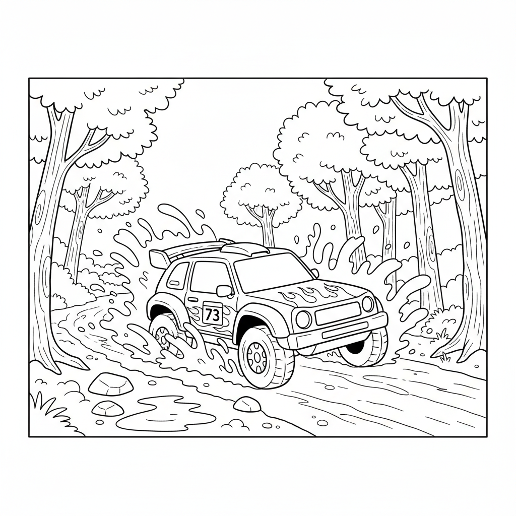 Rallye-Rennen durch matschigen Waldweg - Free Printable Coloring Page Rallye-Rennen durch matschigen Waldweg - Free Printable Coloring Page