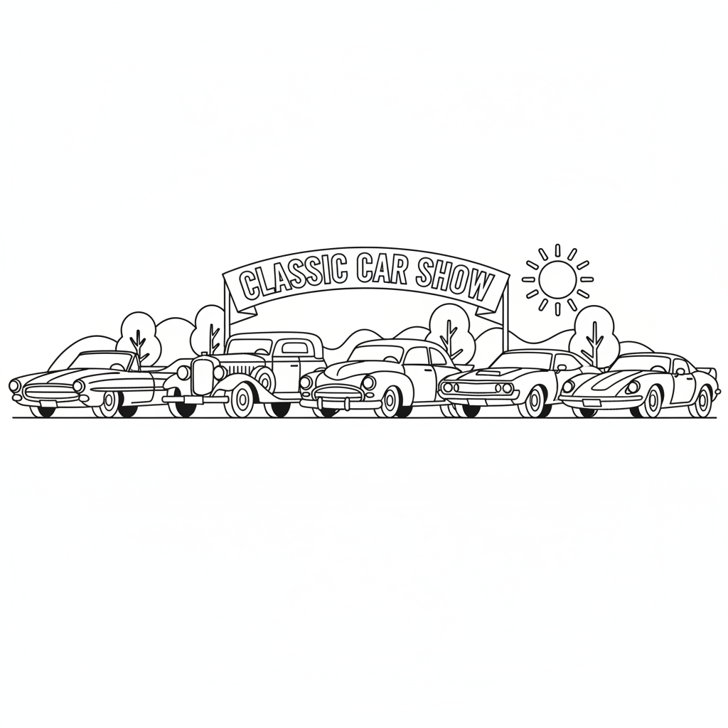 Oldtimer-Ausstellung: Klassische Oldtimer aufgereiht - Free Printable Coloring Page Oldtimer-Ausstellung: Klassische Oldtimer aufgereiht - Free Printable Coloring Page