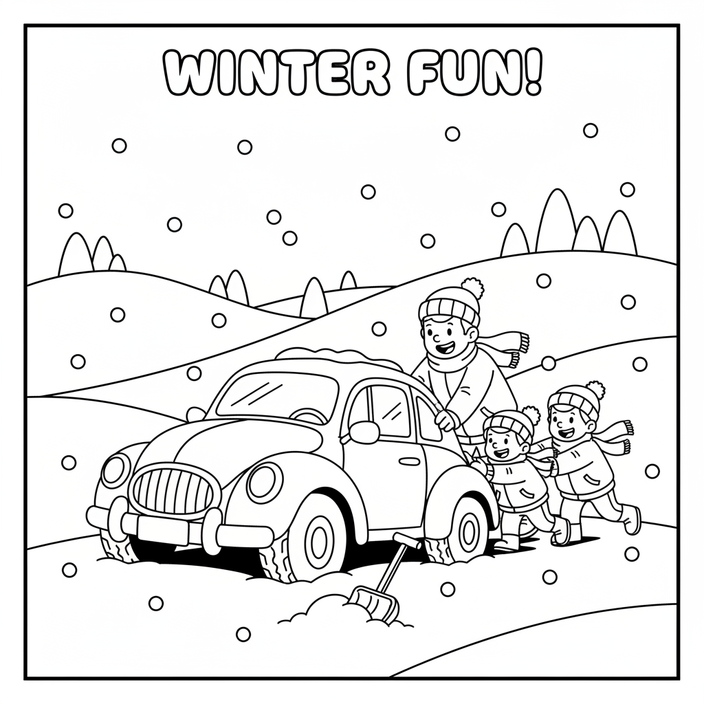 Car stuck in snow being pushed out by friends - Free Printable Coloring Page