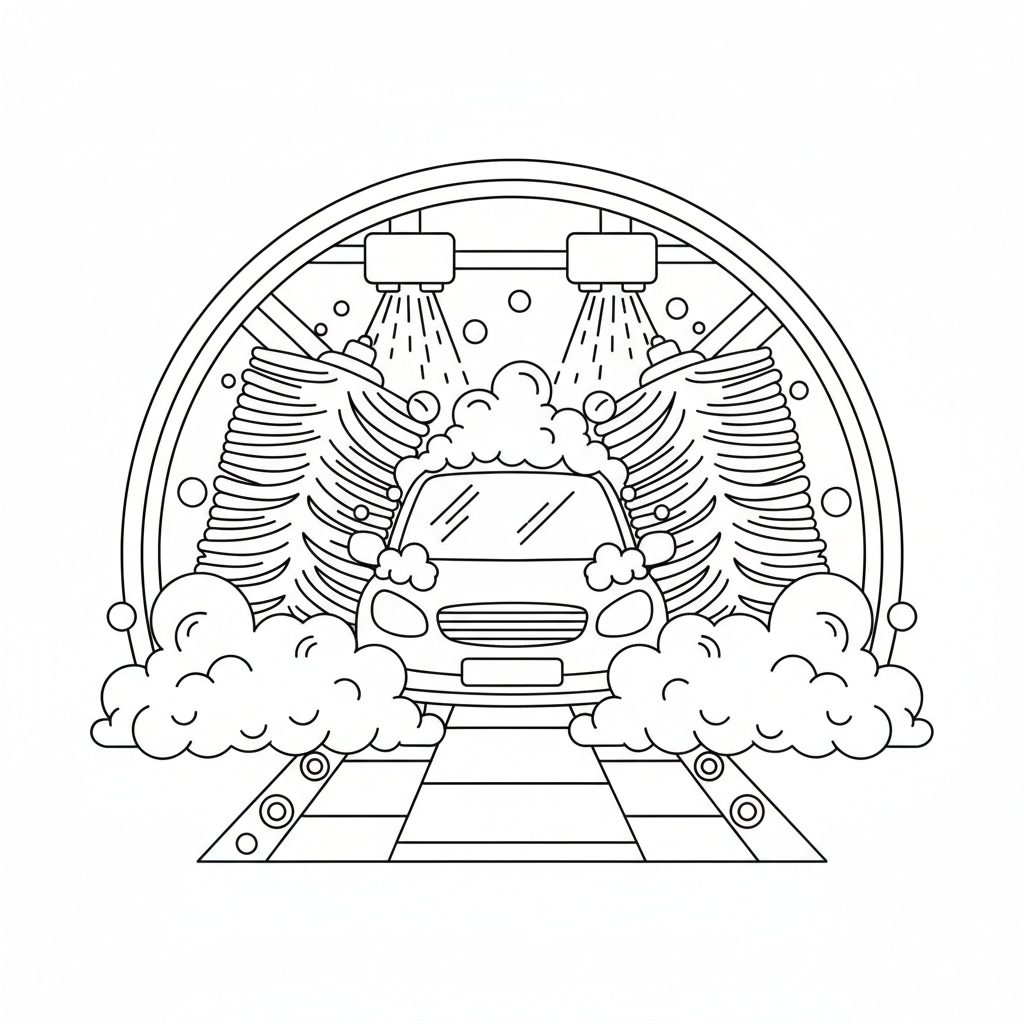 Túnel de lavado de coches con cepillos giratorios y espuma de jabón. - Página para colorear gratis Túnel de lavado de coches con cepillos giratorios y espuma de jabón. - Página para colorear gratis