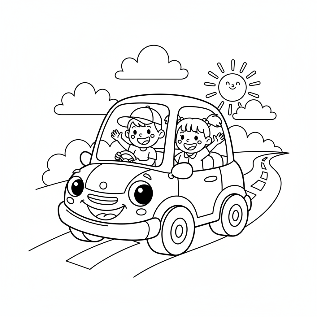 Tecknad bil med leende ansikte barn - Gratis utskrivbar målarbild Tecknad bil med leende ansikte barn - Gratis utskrivbar målarbild