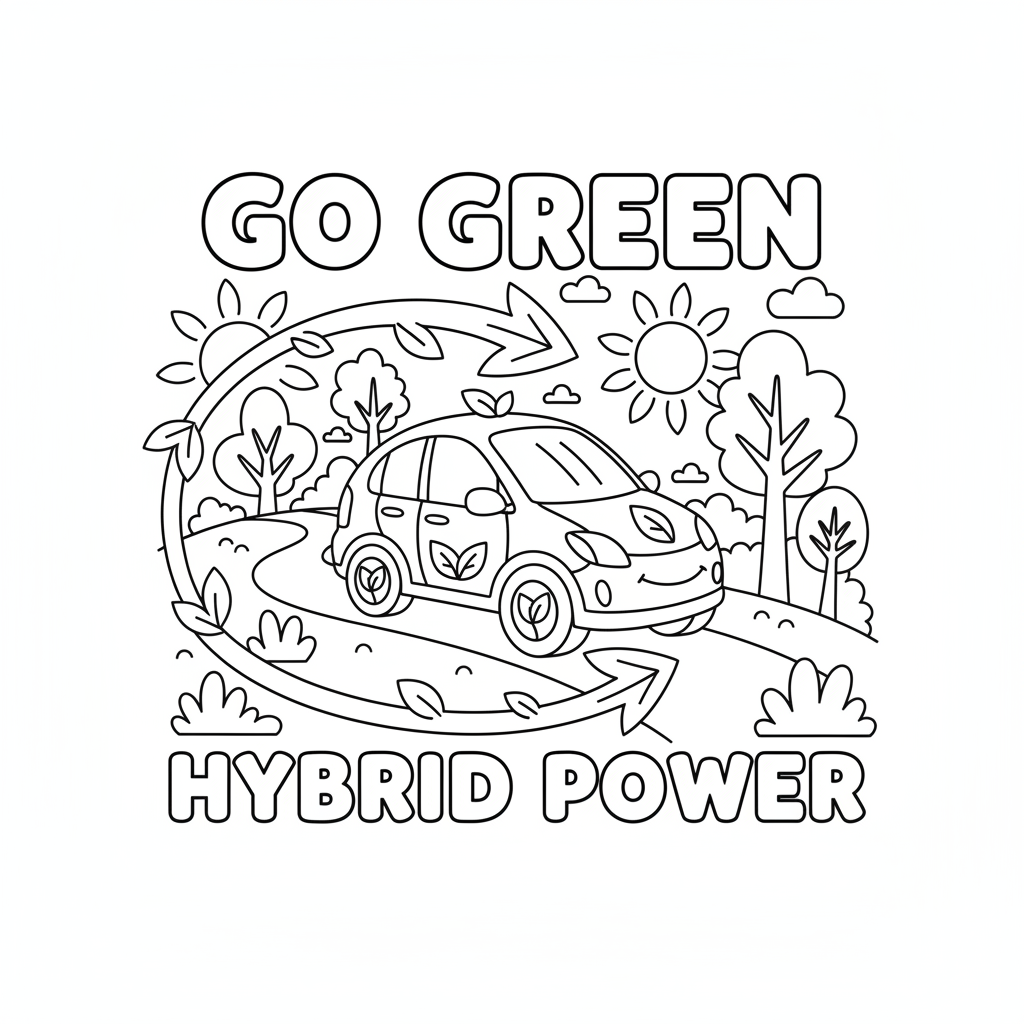 Hybrid car eco-friendly driving green - Free Printable Coloring Page