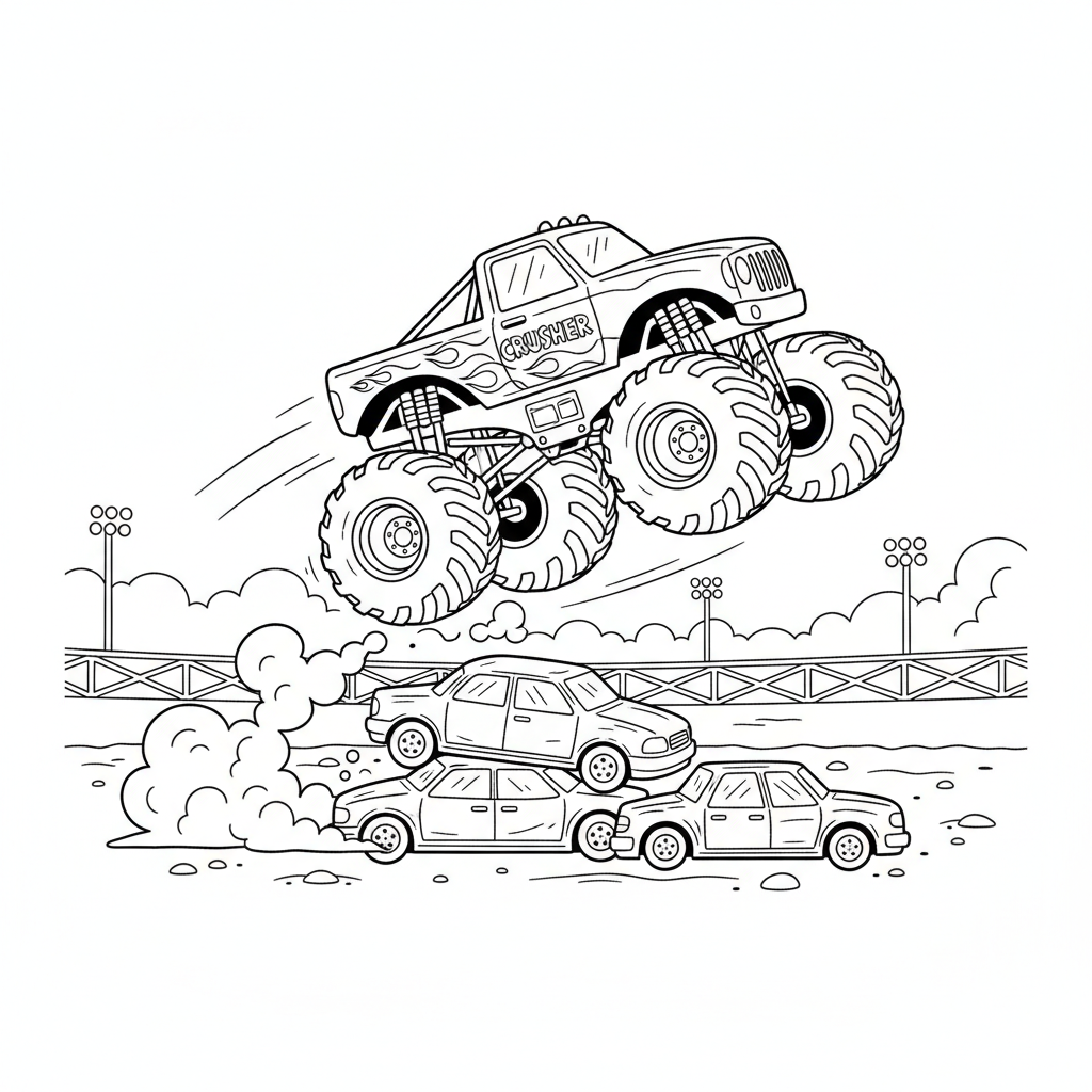 Monstertruck springt über Autos in der Arena - Kostenloses druckbares Ausmalbild