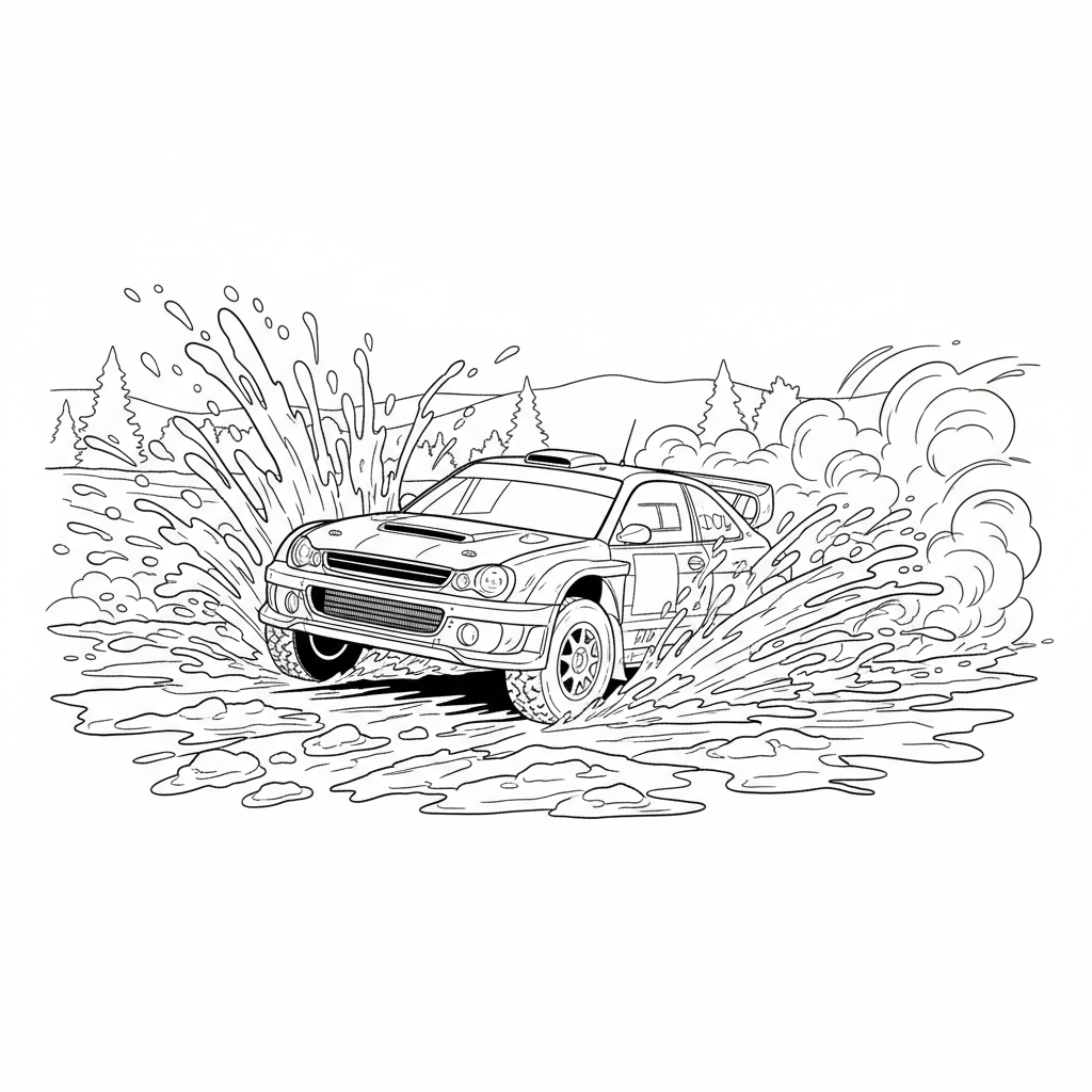 Rally Car Splashing Through Mud - Free Printable Coloring Page Rally Car Splashing Through Mud - Free Printable Coloring Page