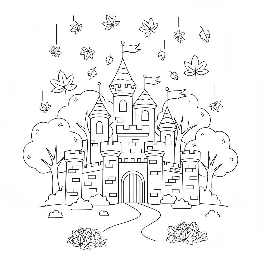 slott höstlöv fallande träd - Gratis utskrivbar målarbild slott höstlöv fallande träd - Gratis utskrivbar målarbild