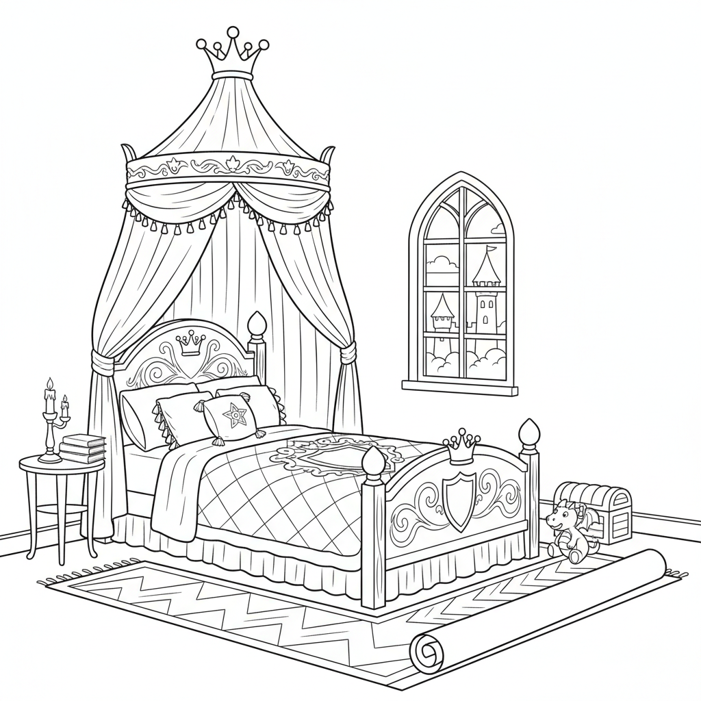 Castle bedroom canopy bed royal - Free Printable Coloring Page Castle bedroom canopy bed royal - Free Printable Coloring Page