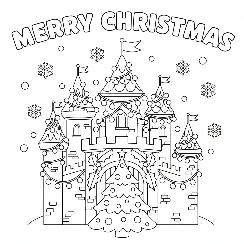 Château décoré de lumières festives pour Noël - Coloriage gratuit à imprimer Château décoré de lumières festives pour Noël - Coloriage gratuit à imprimer