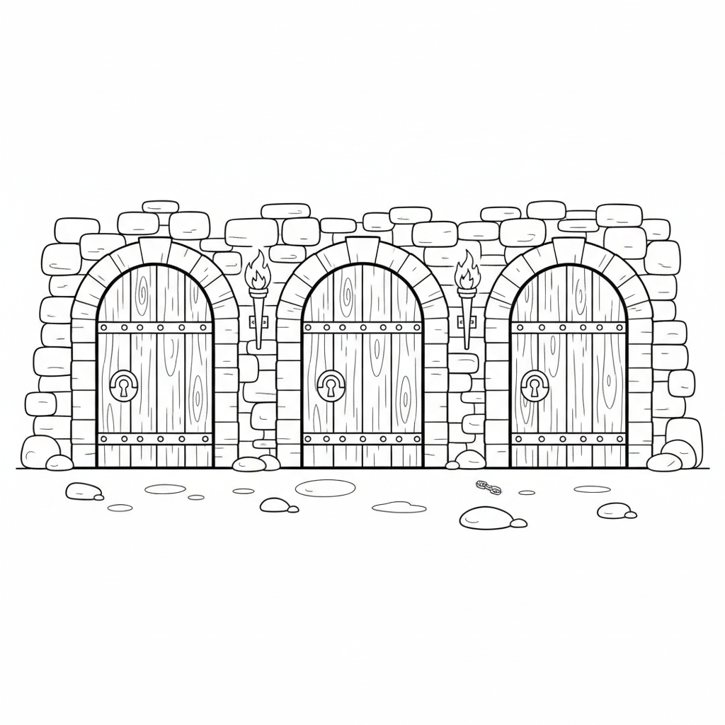 Segrete del castello con porte chiuse a chiave, torce e muri di pietra. - Free Printable Coloring Page Segrete del castello con porte chiuse a chiave, torce e muri di pietra. - Free Printable Coloring Page