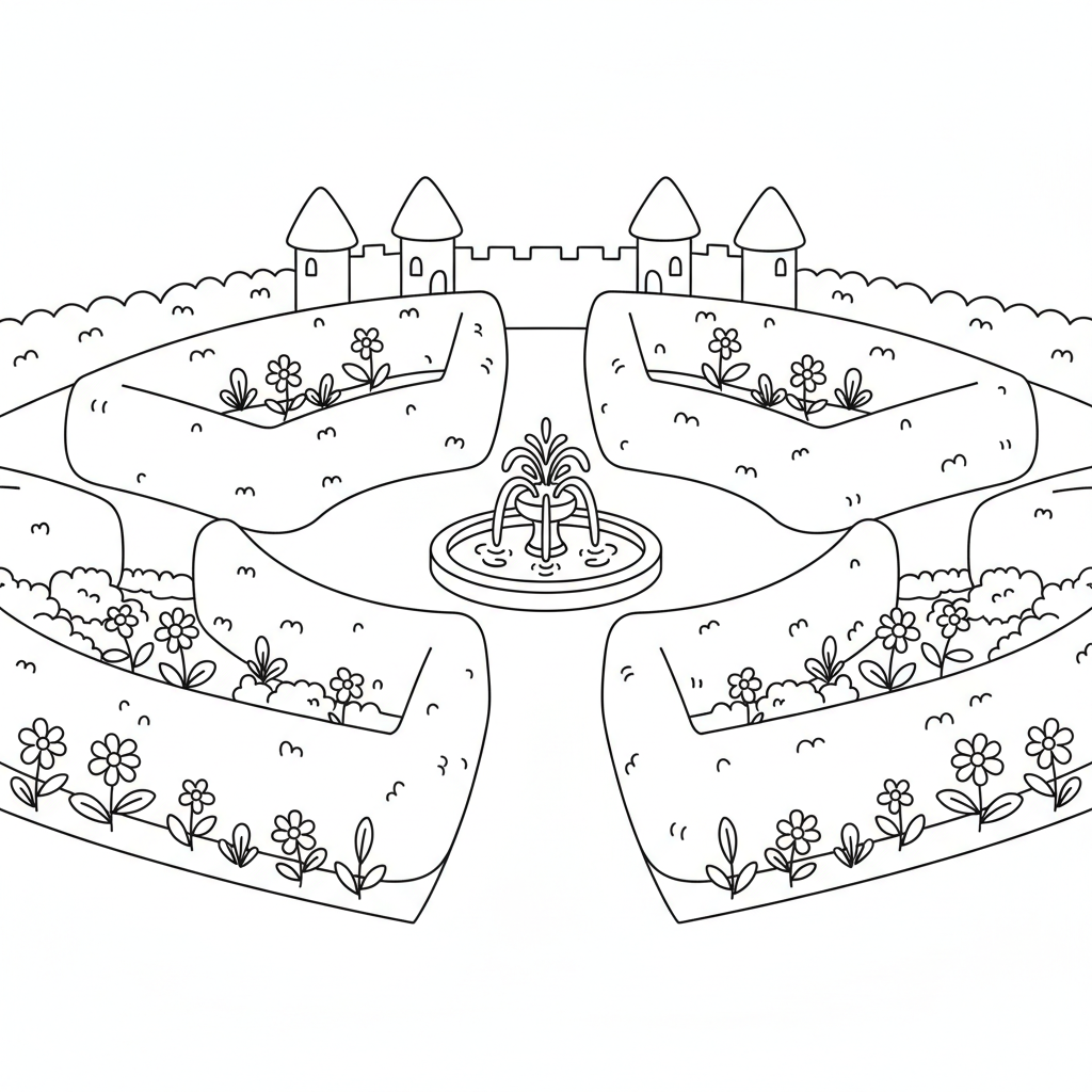 Labirinto di siepi nel giardino del castello con fontana al centro del cortile. - Free Printable Coloring Page Labirinto di siepi nel giardino del castello con fontana al centro del cortile. - Free Printable Coloring Page