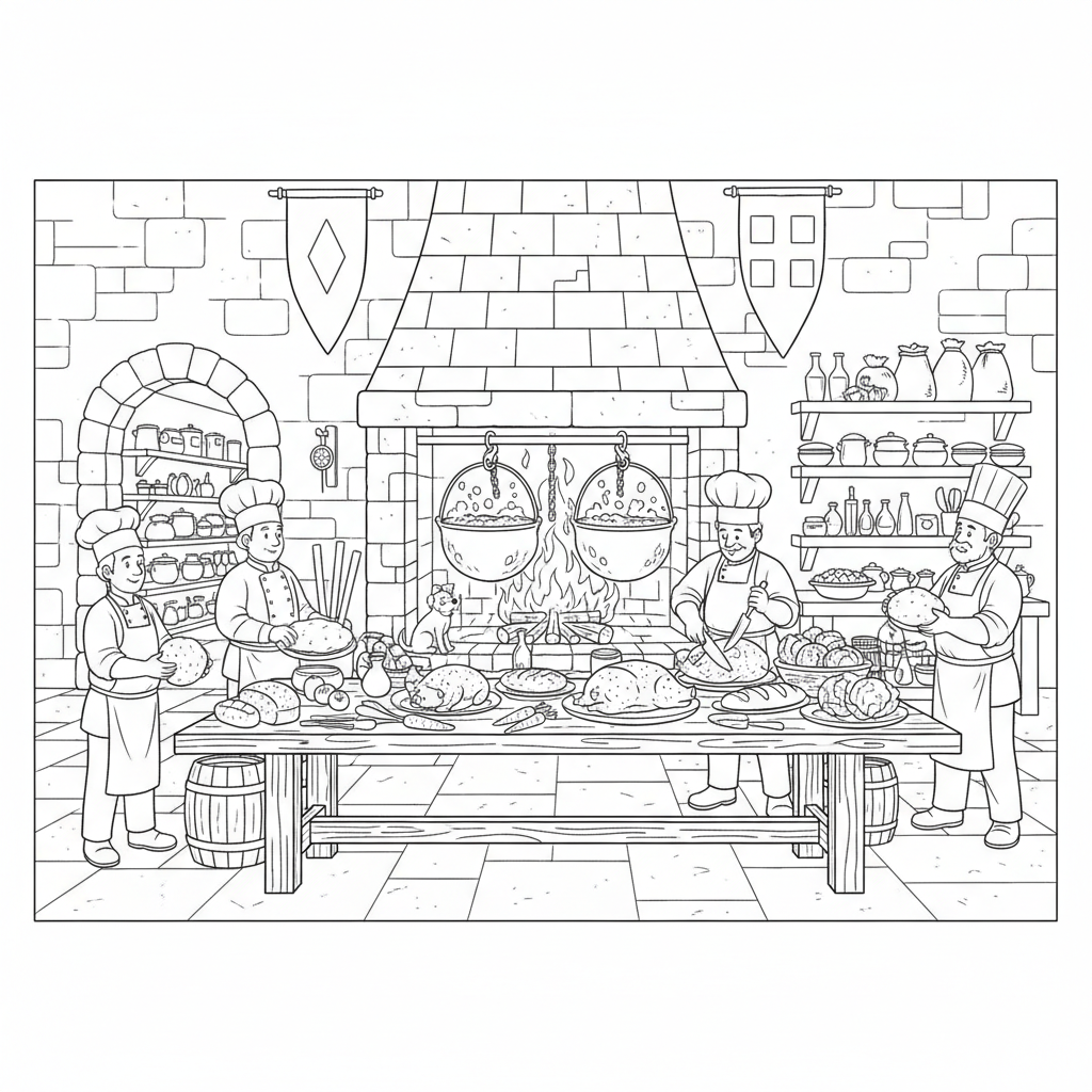 cucina del castello festa medievale preparazione cottura fuoco - Free Printable Coloring Page cucina del castello festa medievale preparazione cottura fuoco - Free Printable Coloring Page
