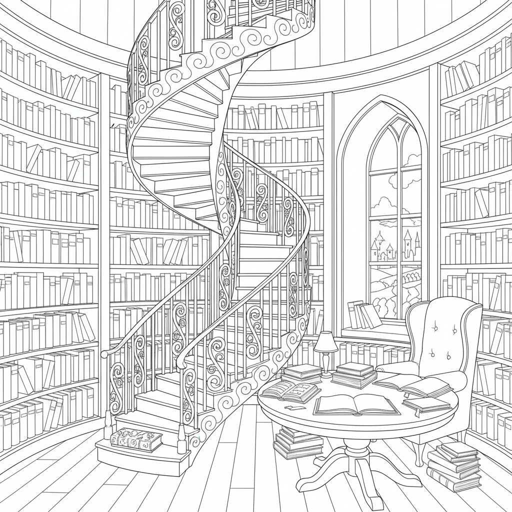 Torre della biblioteca del castello con scala a chiocciola e libri antichi - Free Printable Coloring Page Torre della biblioteca del castello con scala a chiocciola e libri antichi - Free Printable Coloring Page
