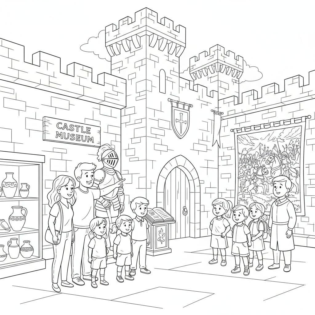 Slottsmuseumsturister som besöker historia - Gratis utskrivbar målarbild Slottsmuseumsturister som besöker historia - Gratis utskrivbar målarbild