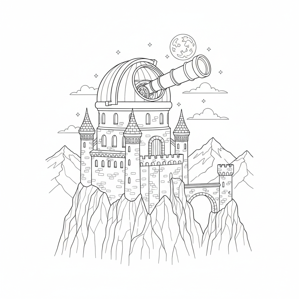 Castle Observatory With Telescope - Free Printable Coloring Page Castle Observatory With Telescope - Free Printable Coloring Page