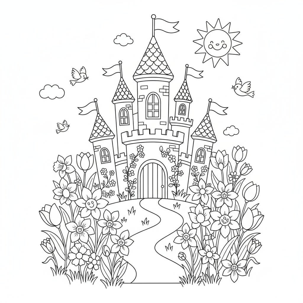 El castillo luce una belleza floreciente con sus flores de primavera. - Página para colorear gratis El castillo luce una belleza floreciente con sus flores de primavera. - Página para colorear gratis