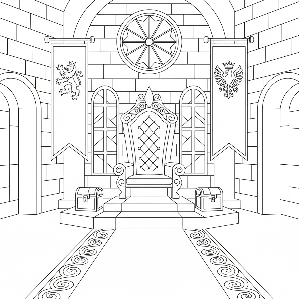 Slottets tronsal med kungliga banderoller och röd matta - Gratis utskrivbar målarbild Slottets tronsal med kungliga banderoller och röd matta - Gratis utskrivbar målarbild