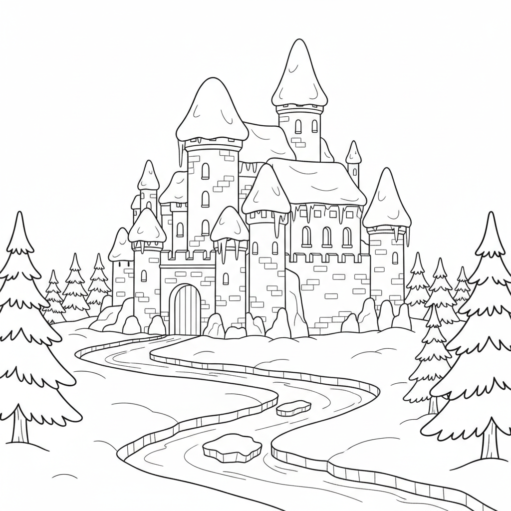 Schloss im Winter schneebedeckt und gefroren - Kostenloses druckbares Ausmalbild Schloss im Winter schneebedeckt und gefroren - Kostenloses druckbares Ausmalbild