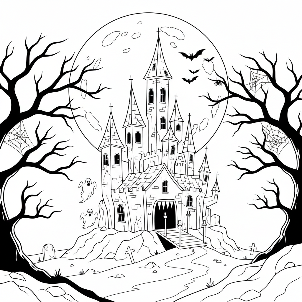 Spookkasteel om middernacht - Gratis afdrukbare kleurplaat