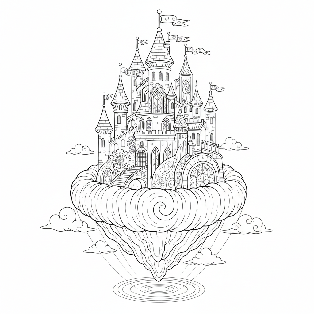 Magical Floating Castle In Clouds - Free Printable Coloring Page Magical Floating Castle In Clouds - Free Printable Coloring Page