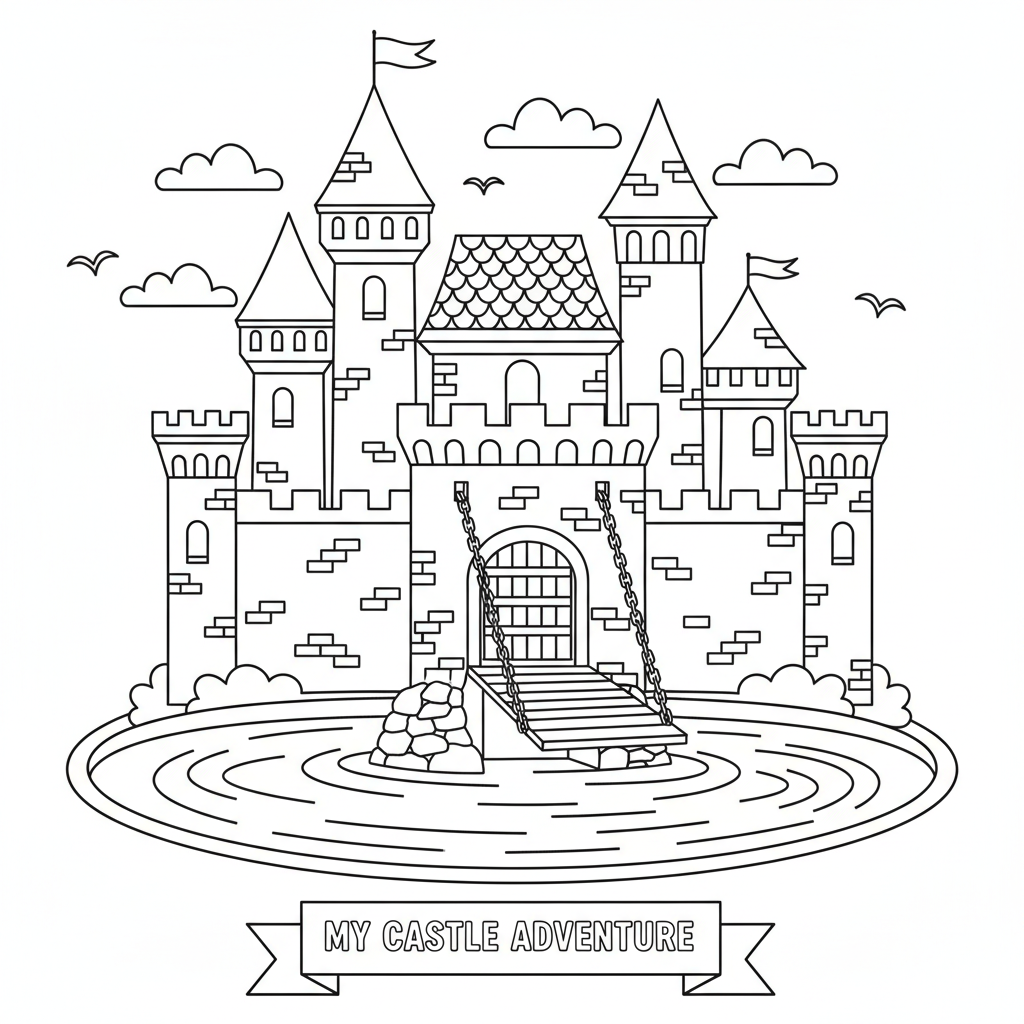 Medieval castle with moat drawbridge - Free Printable Coloring Page