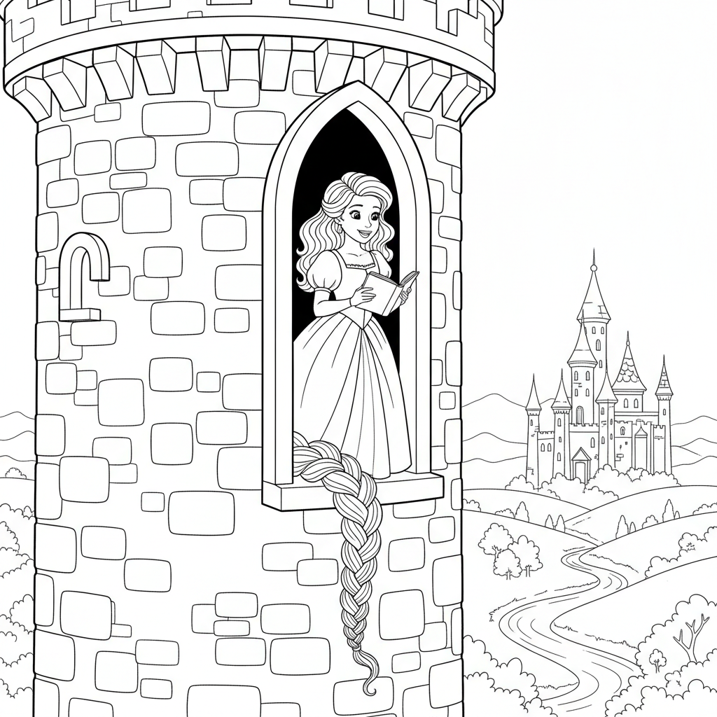 Princess In Castle Tower - Free Printable Coloring Page Princess In Castle Tower - Free Printable Coloring Page