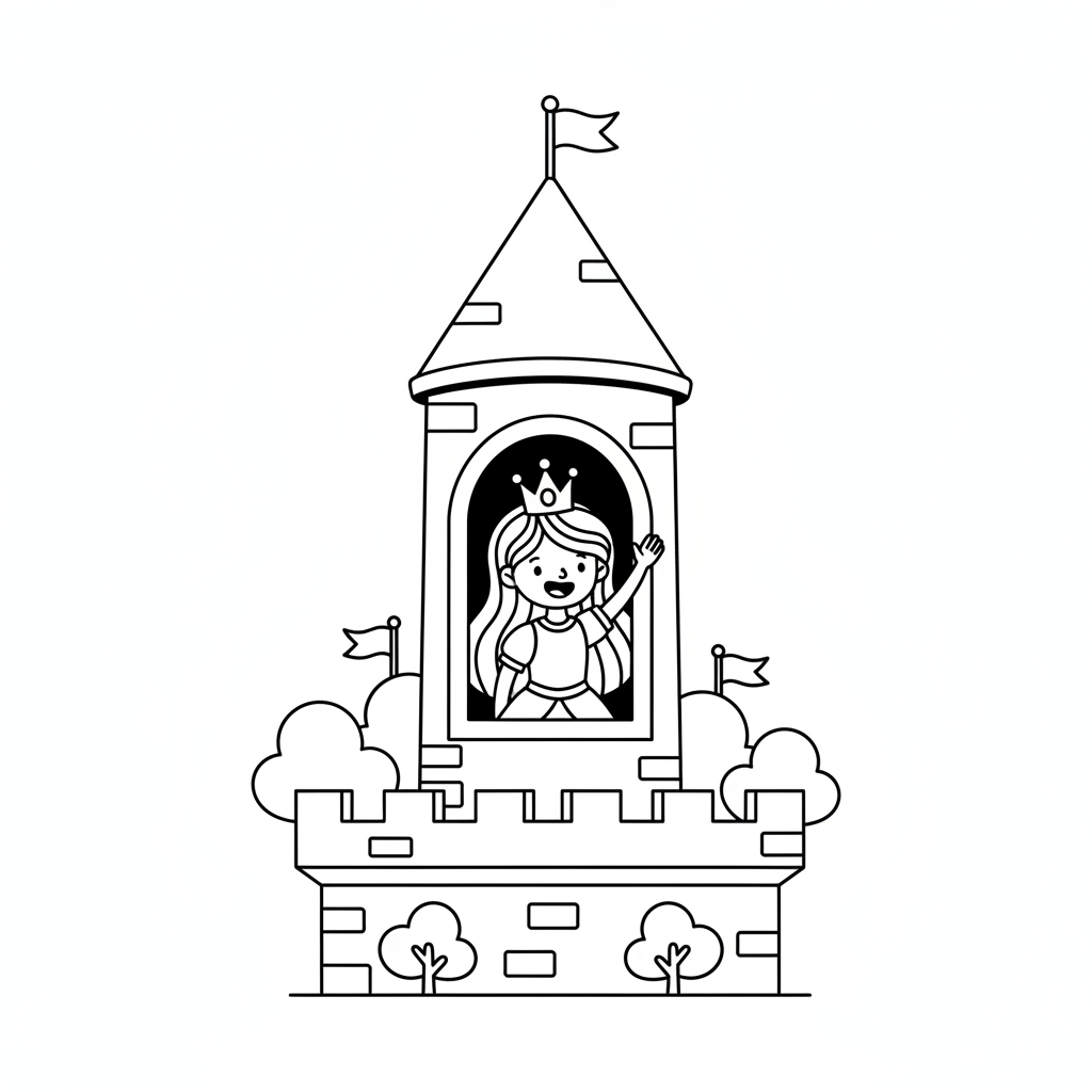Princess in castle tower window waving - Free Printable Coloring Page
