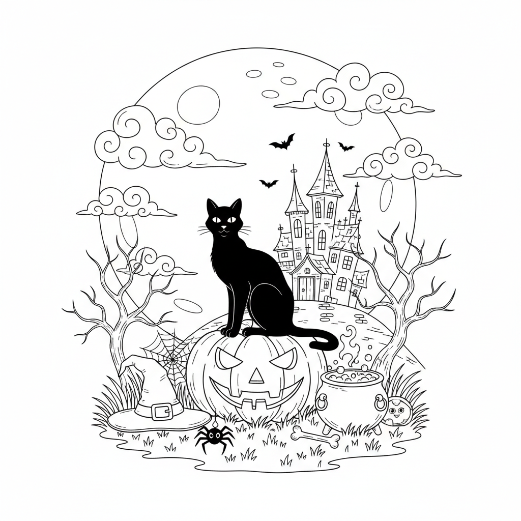 Gato negro en Halloween - Página para colorear gratis Gato negro en Halloween - Página para colorear gratis