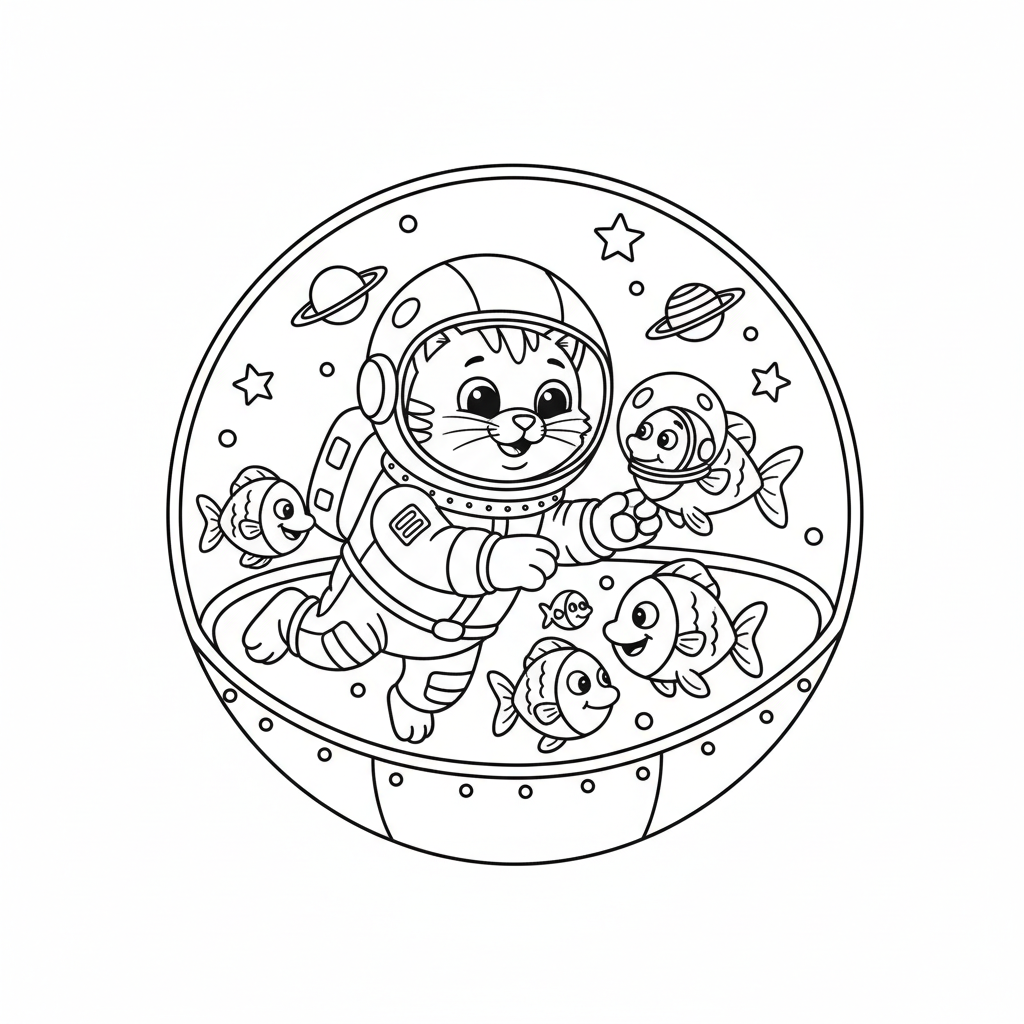 Gatto astronauta che galleggia in una capsula spaziale con dei pesci - Free Printable Coloring Page