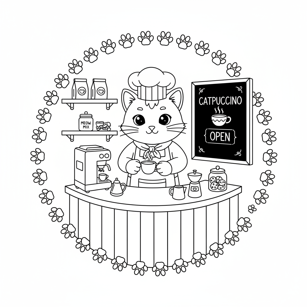Un gatto barista prepara il caffè al minuscolo bancone del bar. - Free Printable Coloring Page