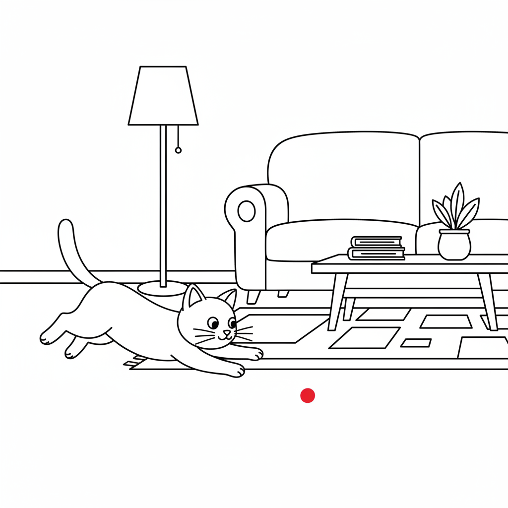 Kat jaagt op een rode laserstip op de woonkamervloer. - Free Printable Coloring Page Kat jaagt op een rode laserstip op de woonkamervloer. - Free Printable Coloring Page