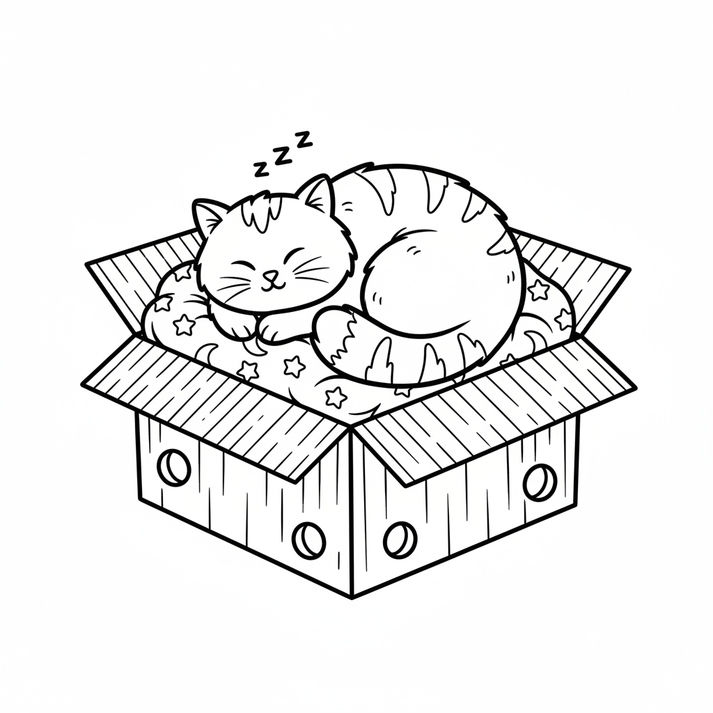 Kat opgerold in kartonnen doos, heerlijk aan het dutten - Gratis afdrukbare kleurplaat Kat opgerold in kartonnen doos, heerlijk aan het dutten - Gratis afdrukbare kleurplaat