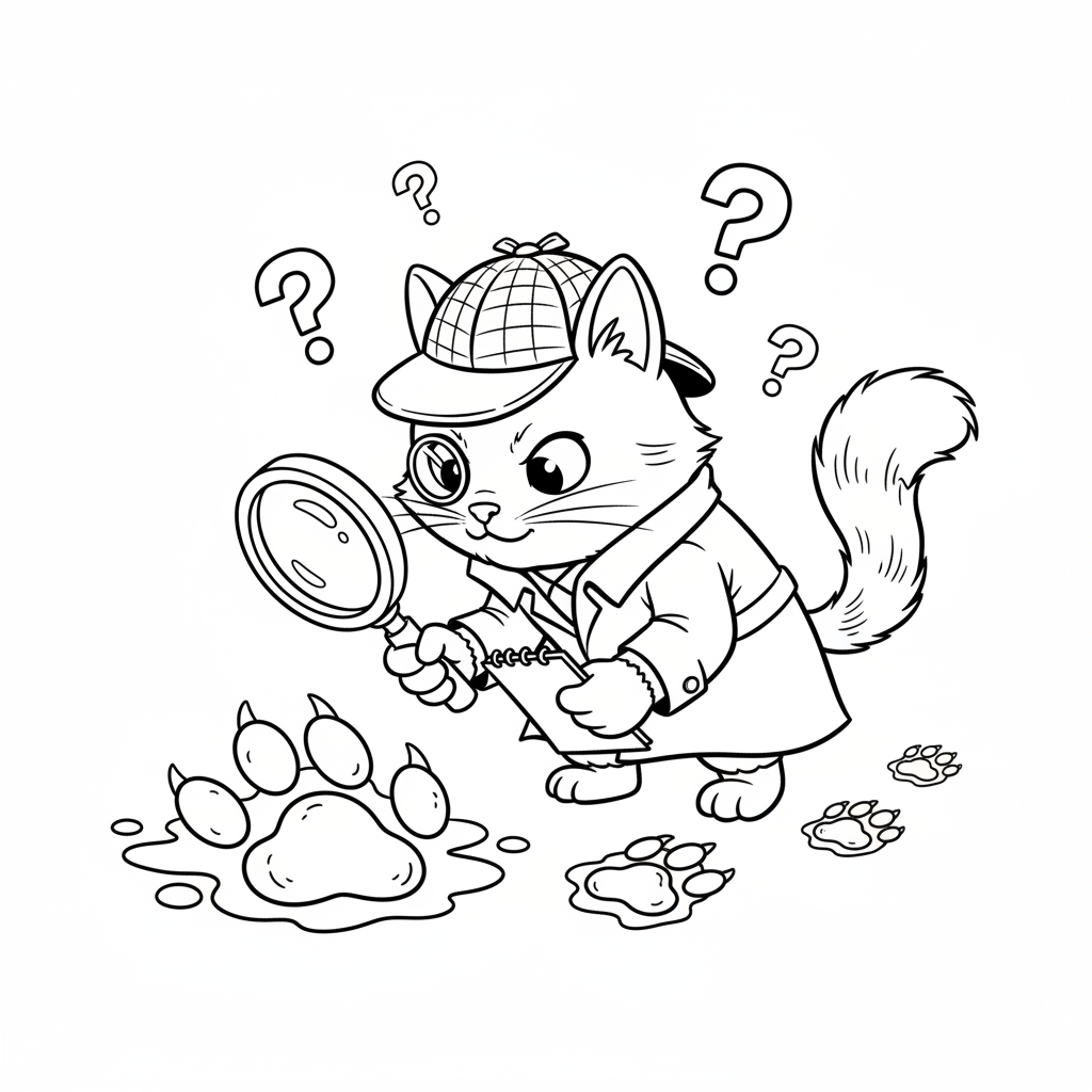 Gatto detective con monocolo che esamina impronte di zampe - Free Printable Coloring Page