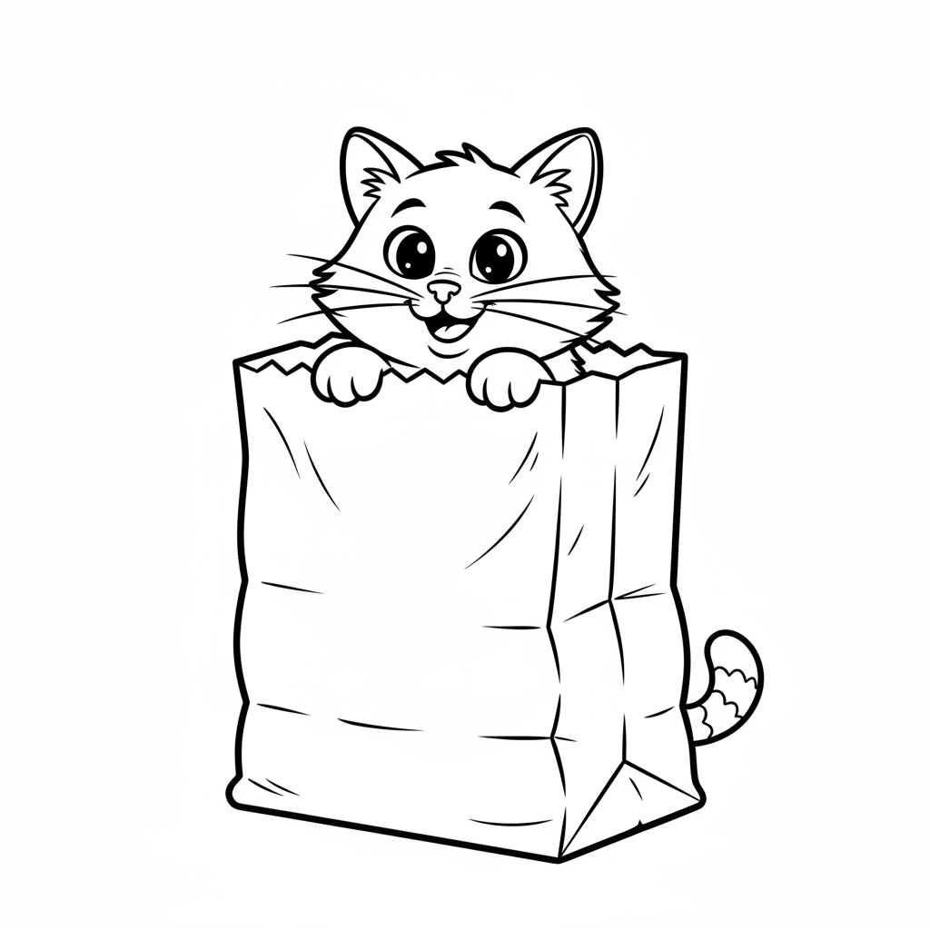 Katt gömmer sig i papperspåse och kikar ut lekfullt - Gratis utskrivbar målarbild Katt gömmer sig i papperspåse och kikar ut lekfullt - Gratis utskrivbar målarbild