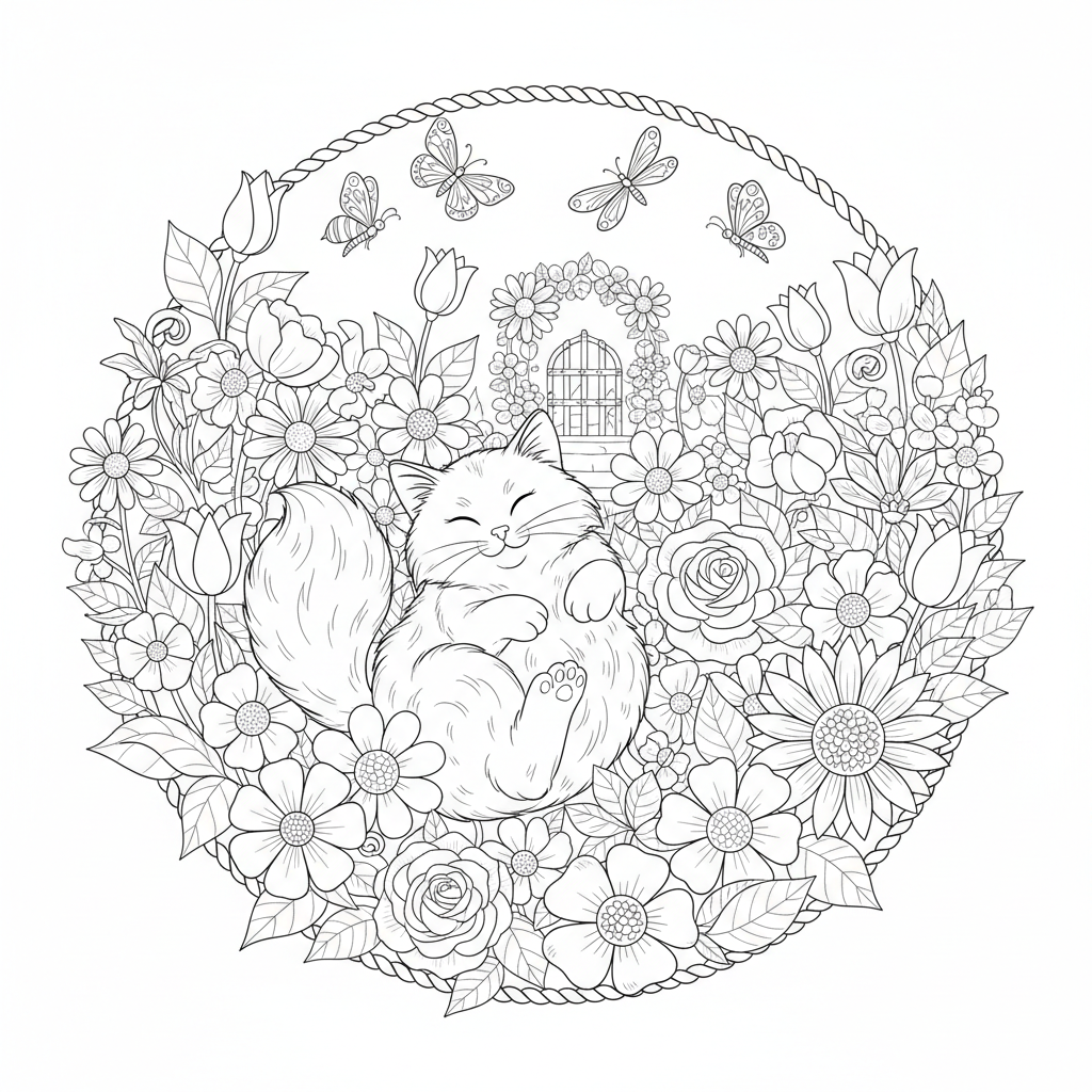Cat In Flower Garden - Free Printable Coloring Page