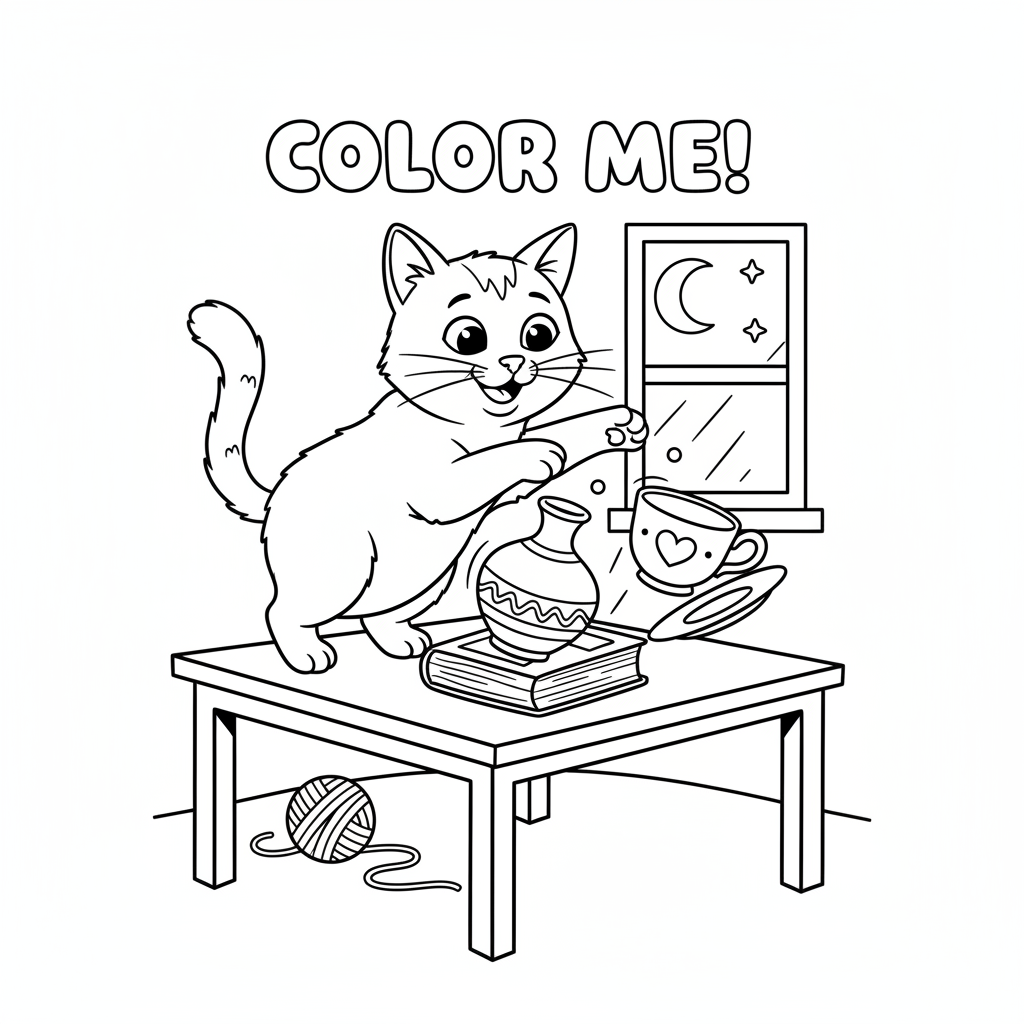 Kat die spullen van tafel stoot met een ondeugende uitdrukking - Free Printable Coloring Page Kat die spullen van tafel stoot met een ondeugende uitdrukking - Free Printable Coloring Page