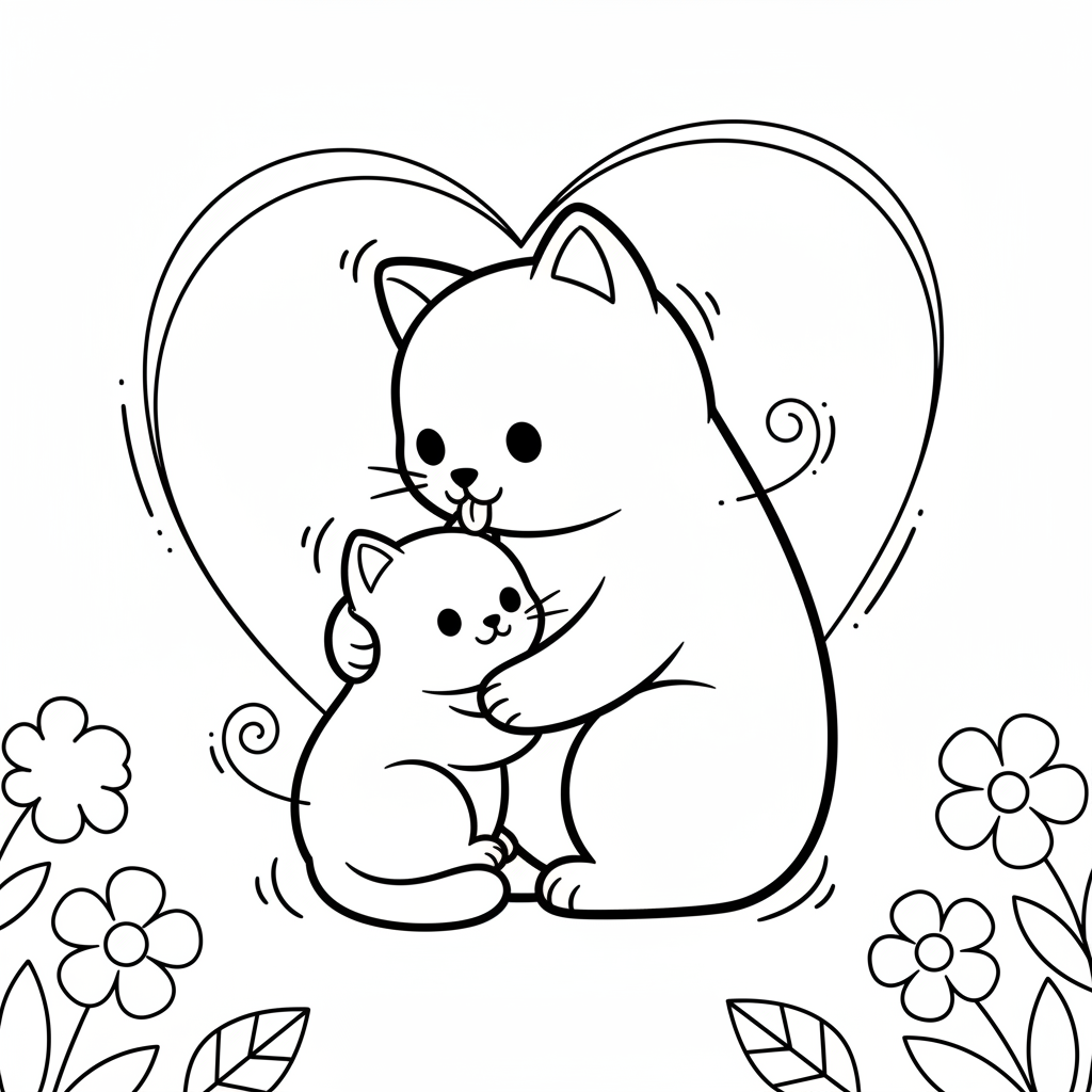 Kattmamma grooming kattunge mild kärleksfull scen - Gratis utskrivbar målarbild Kattmamma grooming kattunge mild kärleksfull scen - Gratis utskrivbar målarbild