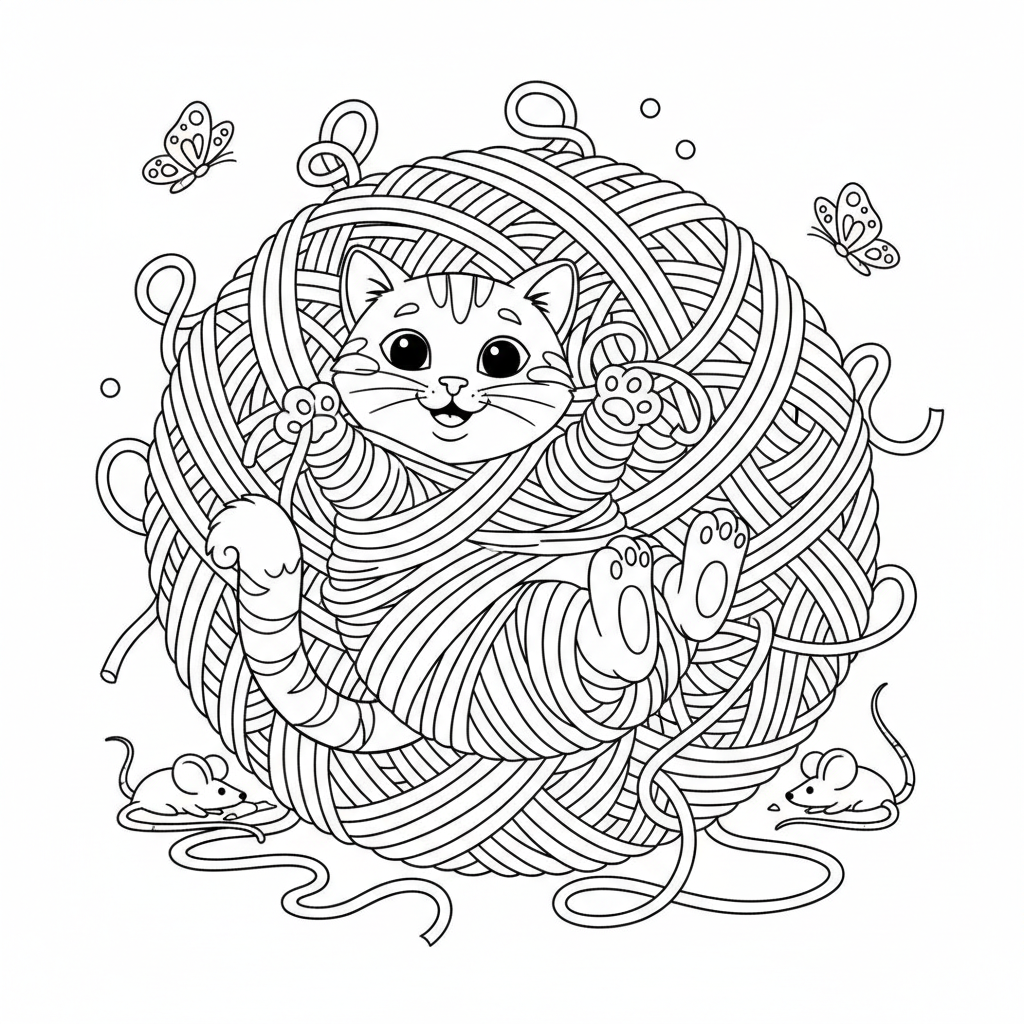 Katt som leker med ett trassligt garnboll - Gratis utskrivbar målarbild Katt som leker med ett trassligt garnboll - Gratis utskrivbar målarbild
