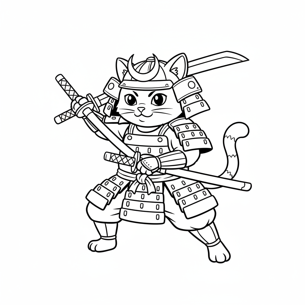Gatto samurai con spada katana, guerriero in posa coraggiosa - Free Printable Coloring Page