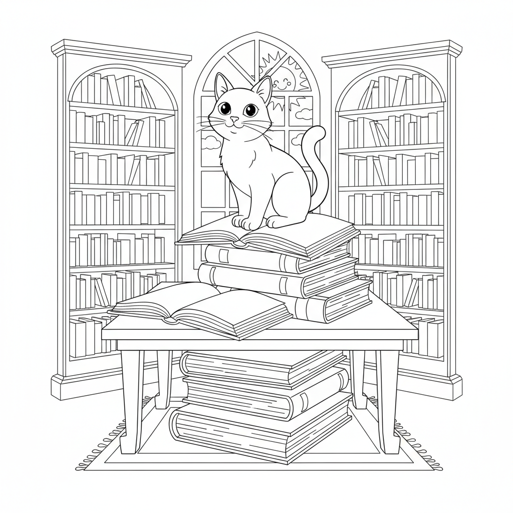 Katt sitter på en hög med böcker i biblioteket - Gratis utskrivbar målarbild Katt sitter på en hög med böcker i biblioteket - Gratis utskrivbar målarbild