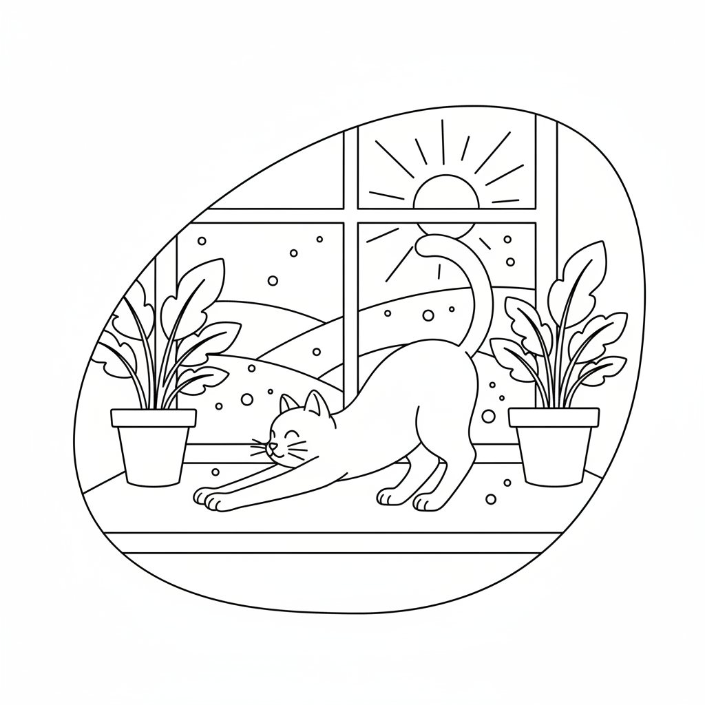 Katt som sträcker sig på fönsterbrädan morgonens solstråle varm - Gratis utskrivbar målarbild Katt som sträcker sig på fönsterbrädan morgonens solstråle varm - Gratis utskrivbar målarbild