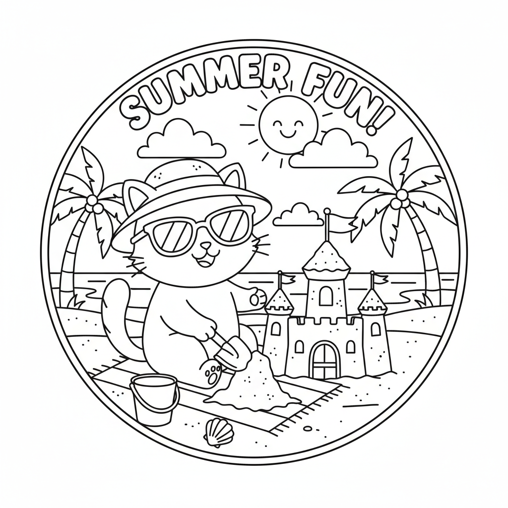 Kattenvakantie op het strand met zandkastelen - Free Printable Coloring Page Kattenvakantie op het strand met zandkastelen - Free Printable Coloring Page