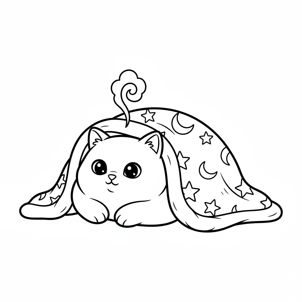 Gatto sotto la coperta nascosto al caldo e al calduccio - Free Printable Coloring Page