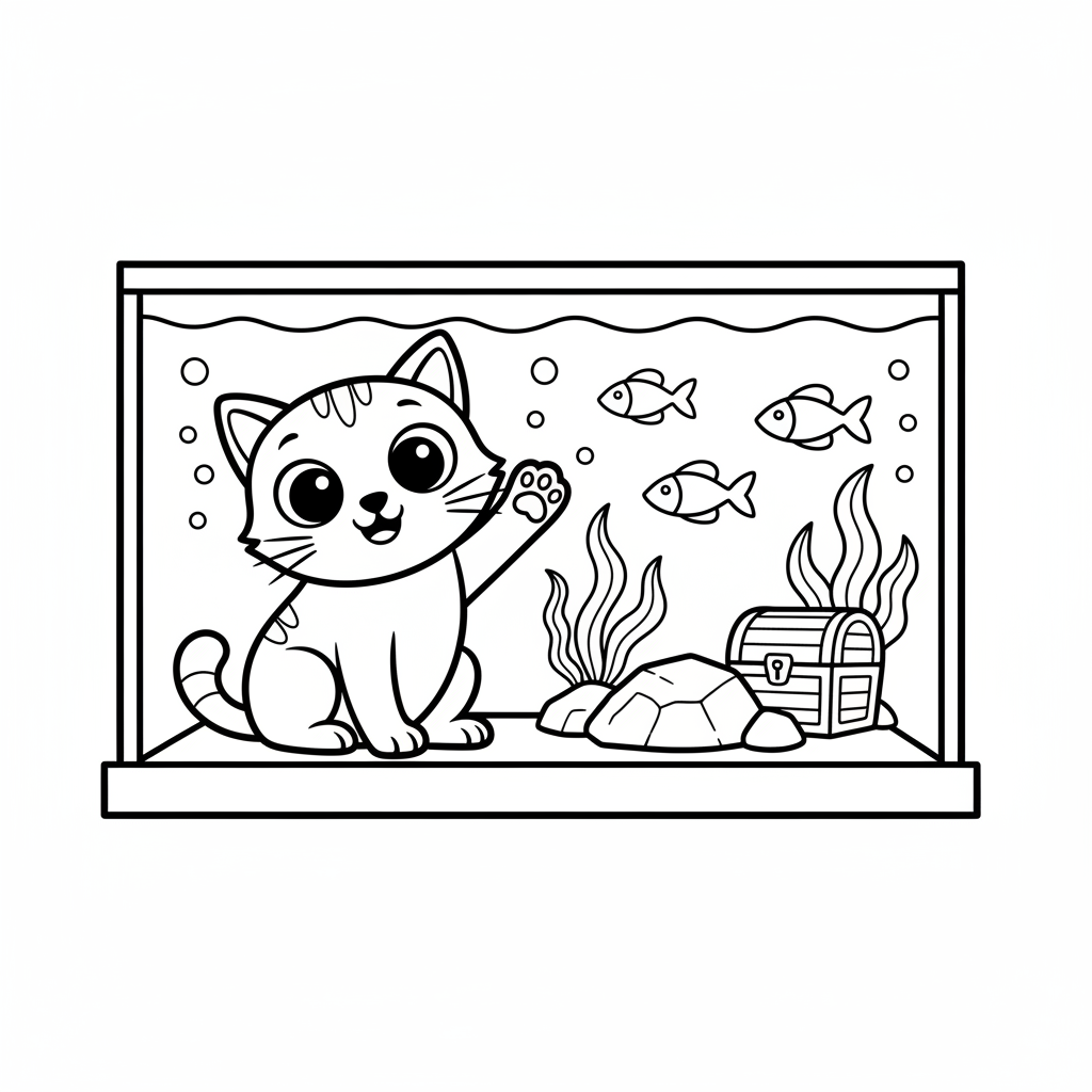Kat kijkt naar vissen in aquarium, poot op glas - Free Printable Coloring Page Kat kijkt naar vissen in aquarium, poot op glas - Free Printable Coloring Page