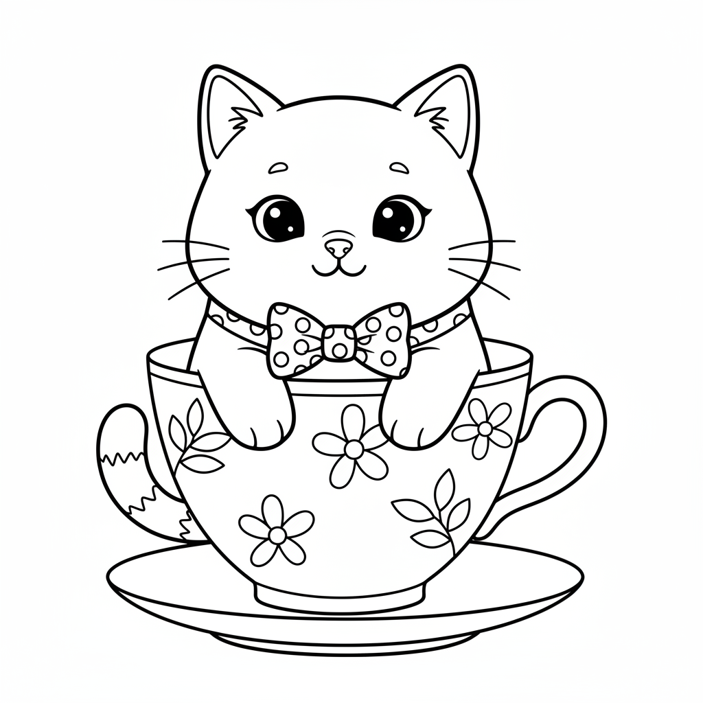 Katt med fluga sitter i en bedårande tekopp - Gratis utskrivbar målarbild Katt med fluga sitter i en bedårande tekopp - Gratis utskrivbar målarbild