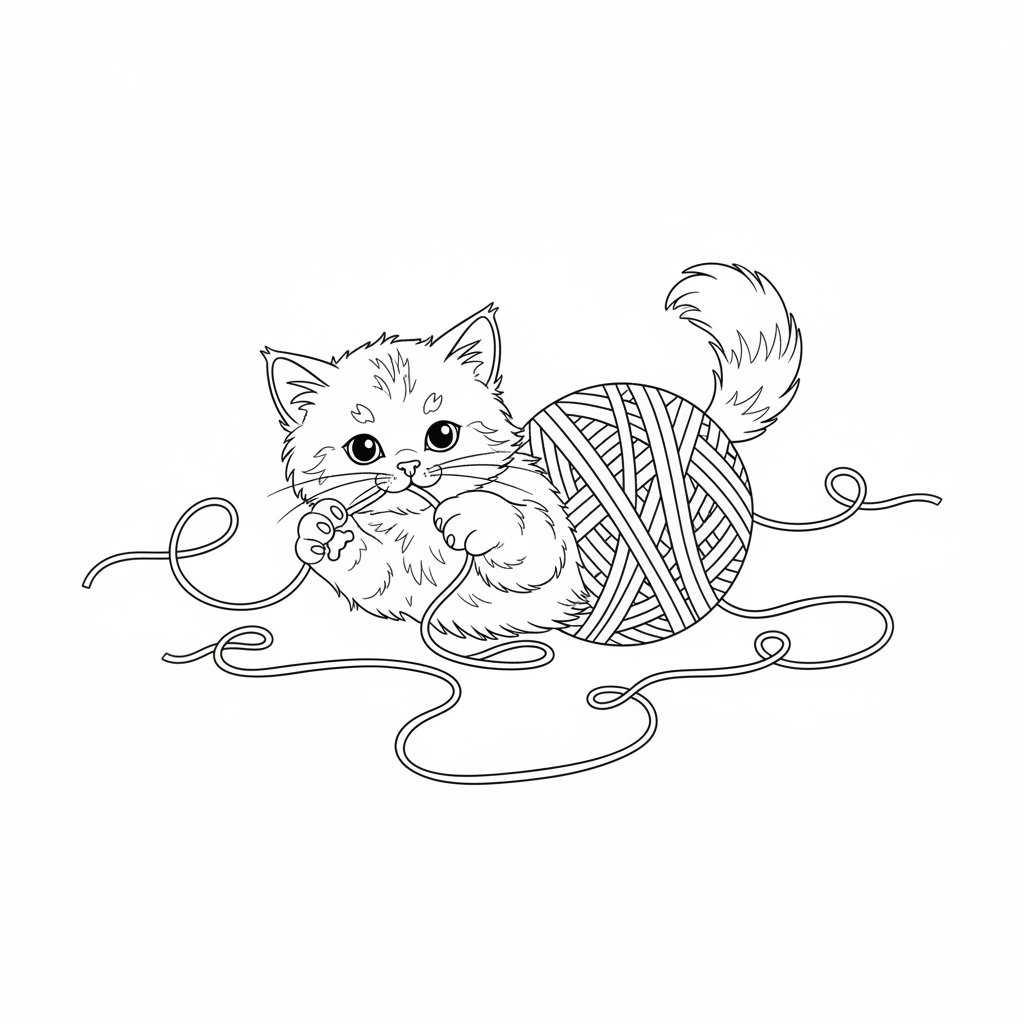 Kattunge leker med garnnystan - Gratis utskrivbar målarbild Kattunge leker med garnnystan - Gratis utskrivbar målarbild