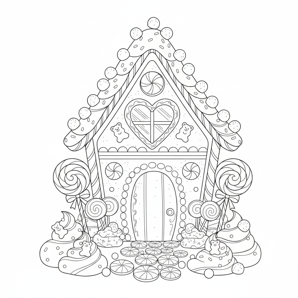 Gingerbread house with candy decorations sweet - Free Printable Coloring Page