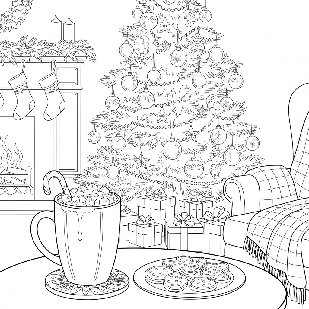 Hot Cocoa By Christmas Tree - Free Printable Coloring Page Hot Cocoa By Christmas Tree - Free Printable Coloring Page