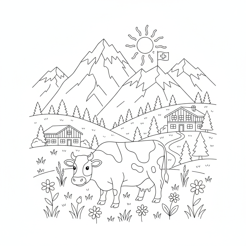 Cow alpine meadow mountains behind scenic Swiss - Free Printable Coloring Page Cow alpine meadow mountains behind scenic Swiss - Free Printable Coloring Page