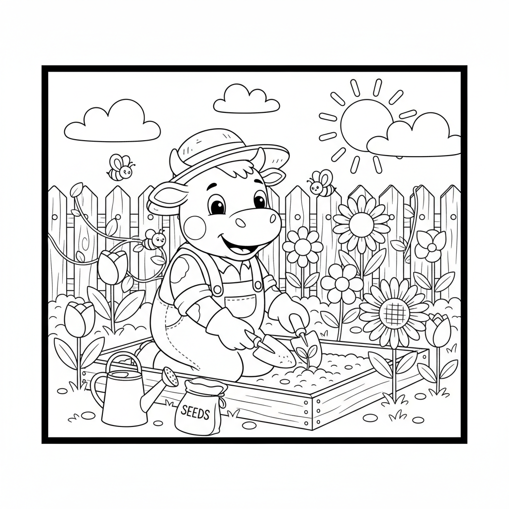 Cow gardener planting flowers spring garden nature - Free Printable Coloring Page